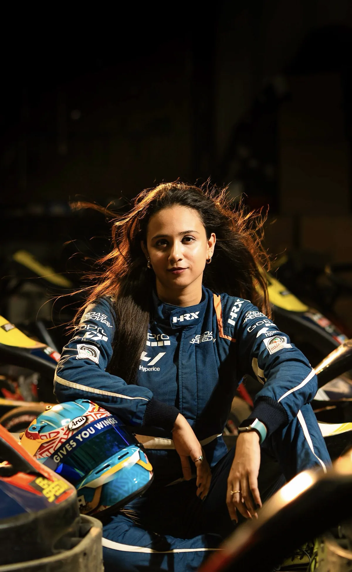 Mira Erda in her racing suit at Erda's Speedway